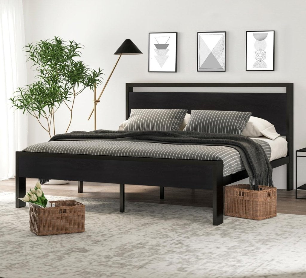 SHA CERLIN 14 Inch Full Size Metal Platform Bed Frame with Wooden Headboard and Footboard, Mattress Foundation, No Box Spring Needed, Large Under Bed Storage, Non - Slip Without Noise, Mahogany - Wigtrends