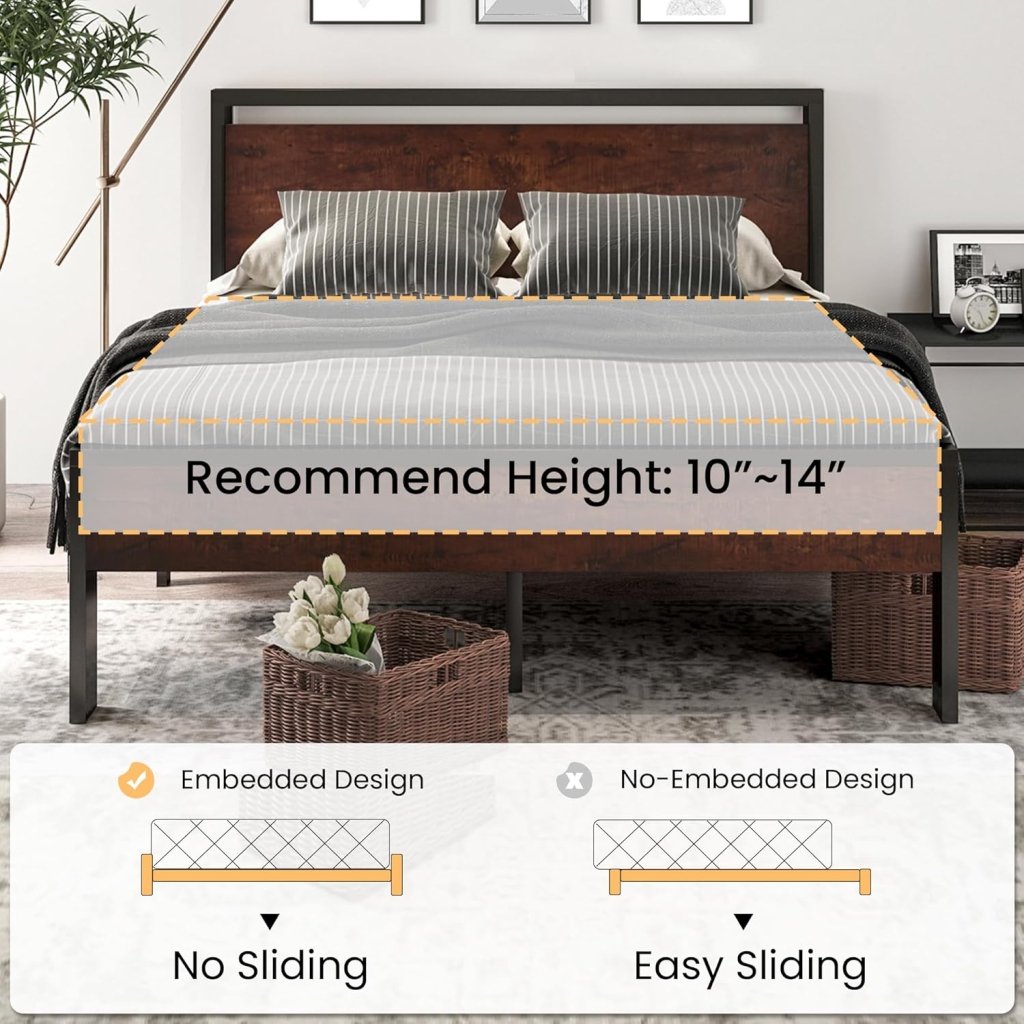 SHA CERLIN 14 Inch Full Size Metal Platform Bed Frame with Wooden Headboard and Footboard, Mattress Foundation, No Box Spring Needed, Large Under Bed Storage, Non - Slip Without Noise, Mahogany - Wigtrends