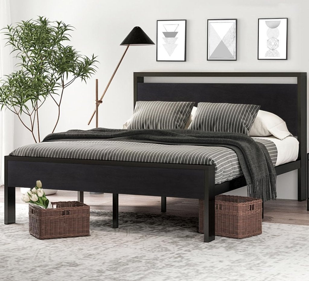 SHA CERLIN 14 Inch Full Size Metal Platform Bed Frame with Wooden Headboard and Footboard, Mattress Foundation, No Box Spring Needed, Large Under Bed Storage, Non - Slip Without Noise, Mahogany - Wigtrends