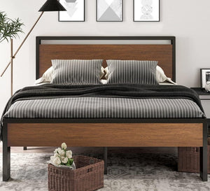 SHA CERLIN 14 Inch Full Size Metal Platform Bed Frame with Wooden Headboard and Footboard, Mattress Foundation, No Box Spring Needed, Large Under Bed Storage, Non - Slip Without Noise, Mahogany - Wigtrends
