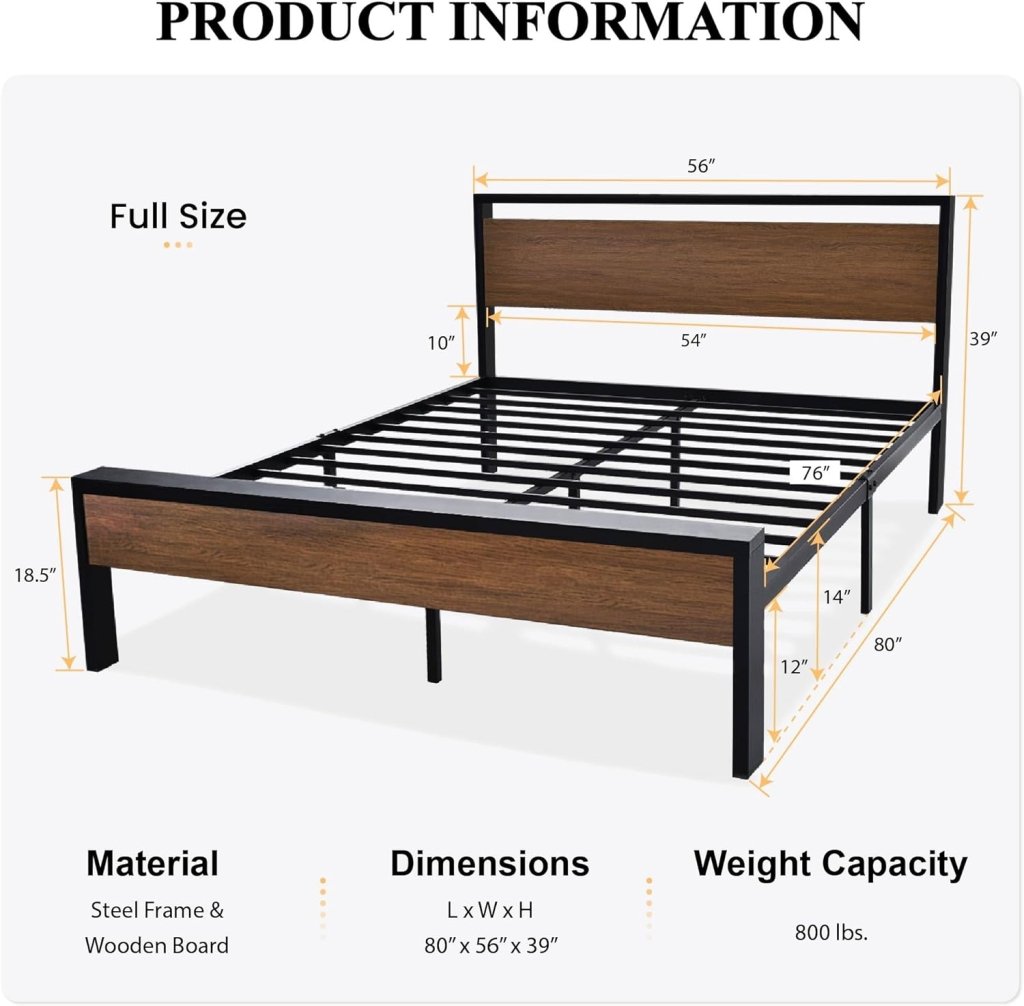 SHA CERLIN 14 Inch Full Size Metal Platform Bed Frame with Wooden Headboard and Footboard, Mattress Foundation, No Box Spring Needed, Large Under Bed Storage, Non - Slip Without Noise, Mahogany - Wigtrends