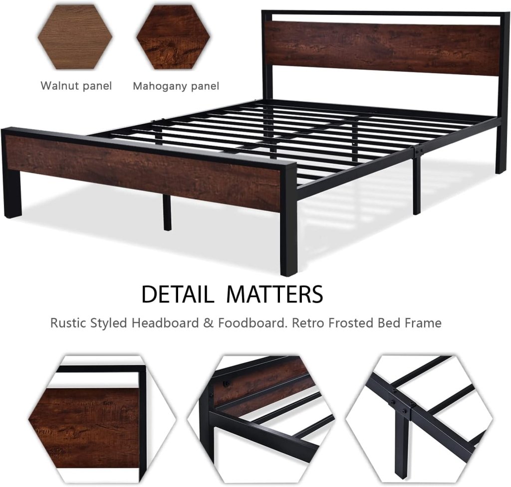 SHA CERLIN 14 Inch Full Size Metal Platform Bed Frame with Wooden Headboard and Footboard, Mattress Foundation, No Box Spring Needed, Large Under Bed Storage, Non - Slip Without Noise, Mahogany - Wigtrends