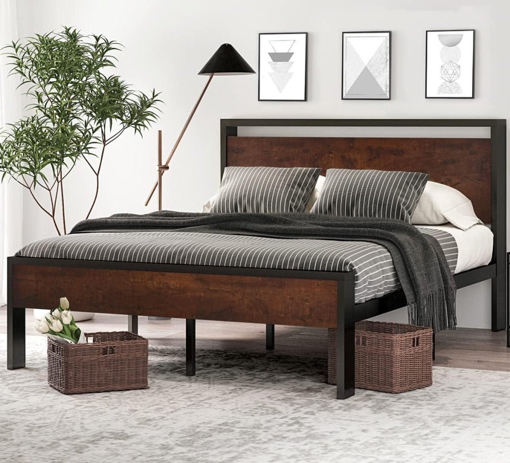 SHA CERLIN 14 Inch Full Size Metal Platform Bed Frame with Wooden Headboard and Footboard, Mattress Foundation, No Box Spring Needed, Large Under Bed Storage, Non - Slip Without Noise, Mahogany - Wigtrends