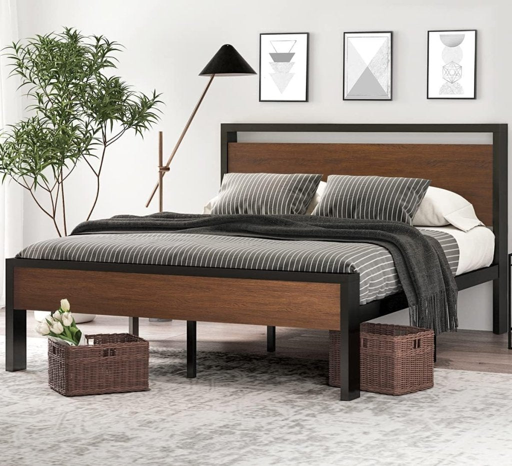 SHA CERLIN 14 Inch Full Size Metal Platform Bed Frame with Wooden Headboard and Footboard, Mattress Foundation, No Box Spring Needed, Large Under Bed Storage, Non - Slip Without Noise, Mahogany - Wigtrends