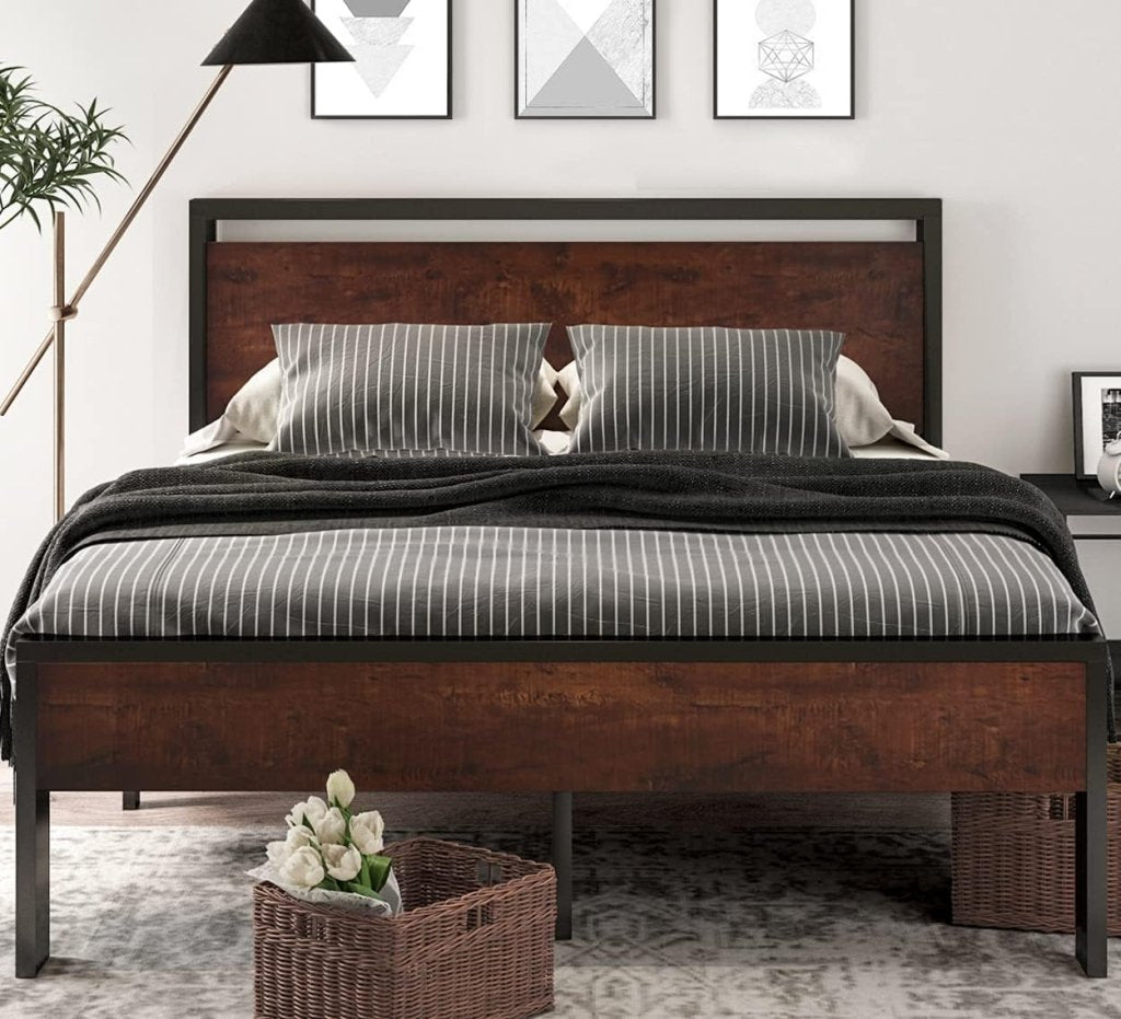 SHA CERLIN 14 Inch Full Size Metal Platform Bed Frame with Wooden Headboard and Footboard, Mattress Foundation, No Box Spring Needed, Large Under Bed Storage, Non - Slip Without Noise, Mahogany - Wigtrends