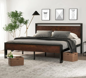 SHA CERLIN 14 Inch Full Size Metal Platform Bed Frame with Wooden Headboard and Footboard, Mattress Foundation, No Box Spring Needed, Large Under Bed Storage, Non - Slip Without Noise, Mahogany - Wigtrends