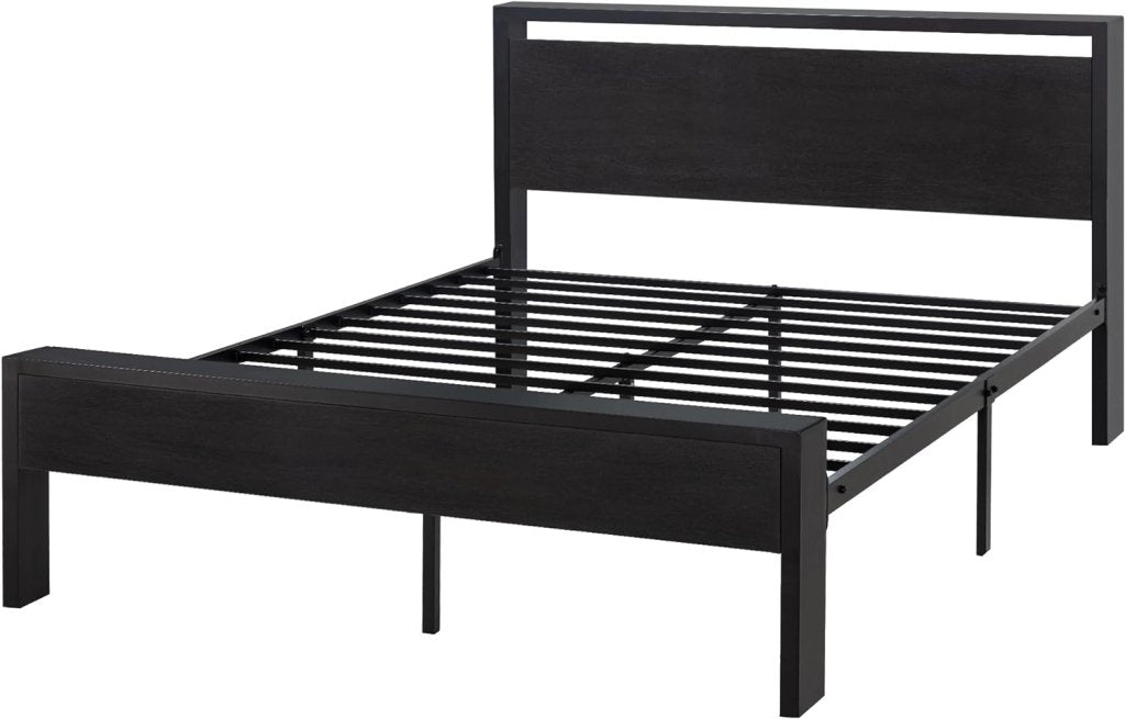 SHA CERLIN 14 Inch Queen Size Metal Platform Bed Frame with Wooden Headboard and Footboard, Mattress Foundation, No Box Spring Needed, Large Under Bed Storage, Non - Slip Without Noise, Black Oak - Wigtrends