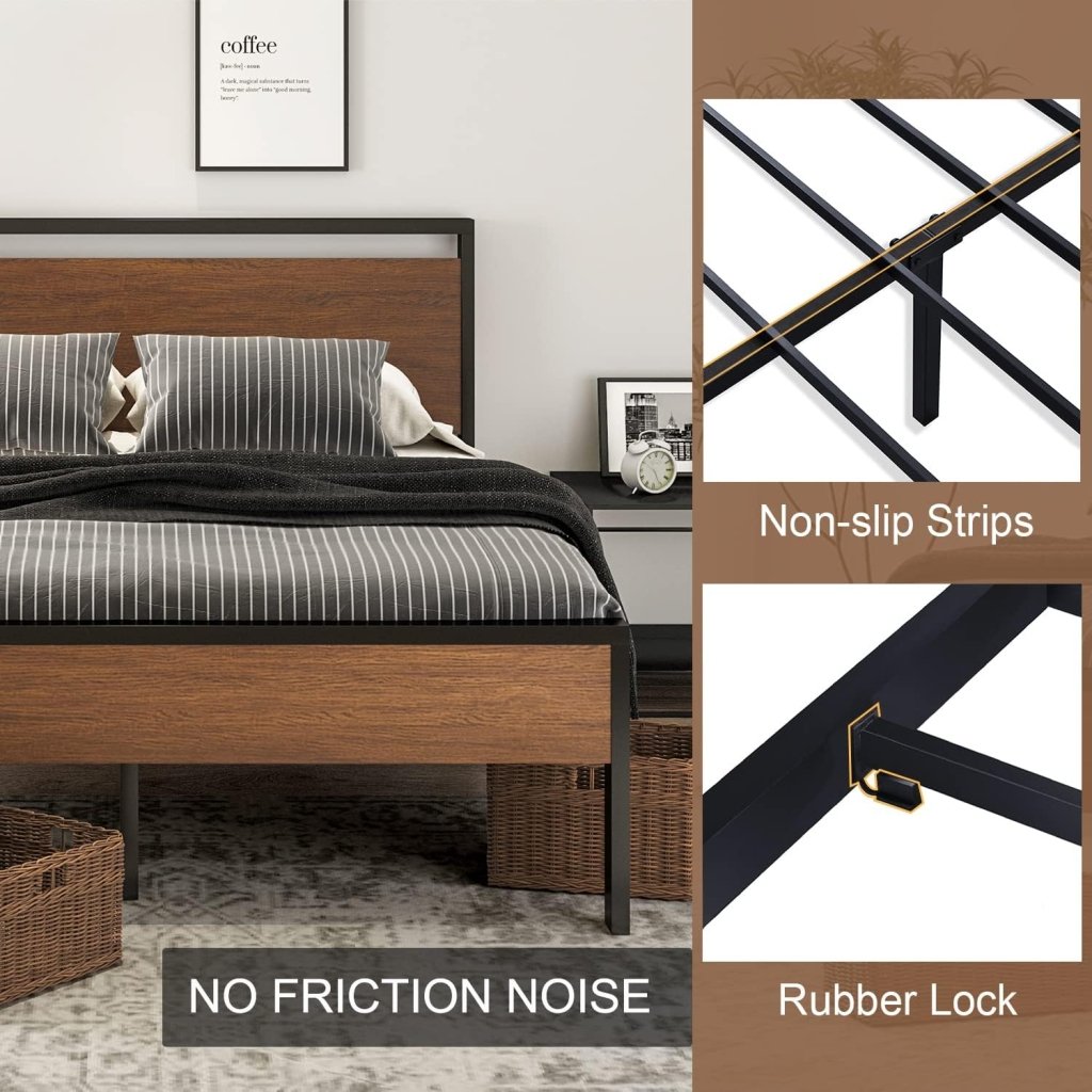 SHA CERLIN 14 Inch Queen Size Metal Platform Bed Frame with Wooden Headboard and Footboard, Mattress Foundation, No Box Spring Needed, Large Under Bed Storage, Non - Slip Without Noise, Black Oak - Wigtrends
