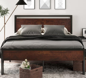 SHA CERLIN 14 Inch Queen Size Metal Platform Bed Frame with Wooden Headboard and Footboard, Mattress Foundation, No Box Spring Needed, Large Under Bed Storage, Non - Slip Without Noise, Black Oak - Wigtrends