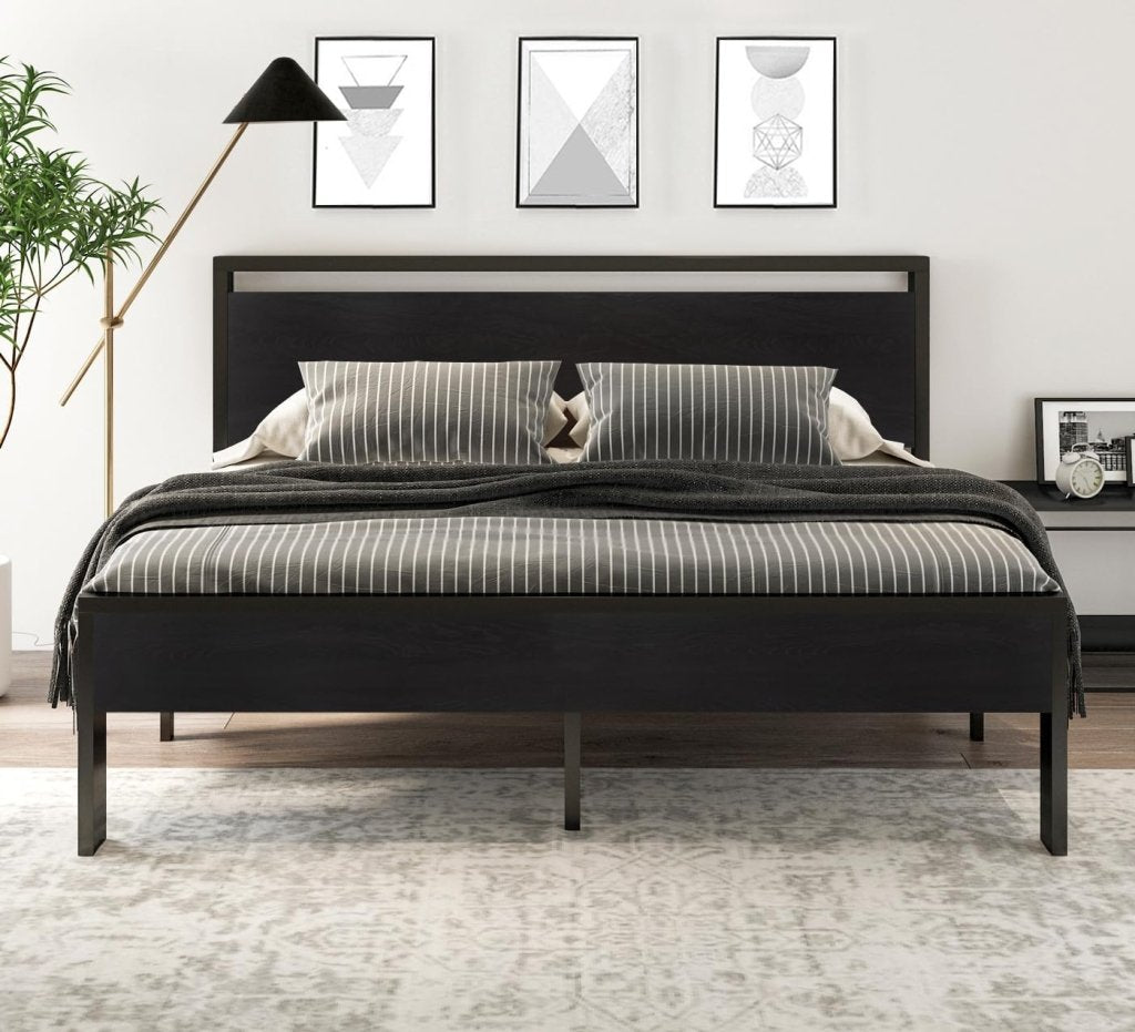 SHA CERLIN 14 Inch Queen Size Metal Platform Bed Frame with Wooden Headboard and Footboard, Mattress Foundation, No Box Spring Needed, Large Under Bed Storage, Non - Slip Without Noise, Black Oak - Wigtrends