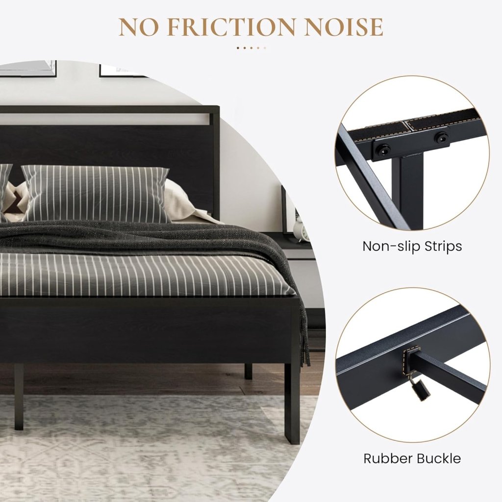 SHA CERLIN 14 Inch Queen Size Metal Platform Bed Frame with Wooden Headboard and Footboard, Mattress Foundation, No Box Spring Needed, Large Under Bed Storage, Non - Slip Without Noise, Black Oak - Wigtrends