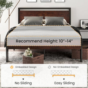 SHA CERLIN 14 Inch Queen Size Metal Platform Bed Frame with Wooden Headboard and Footboard, Mattress Foundation, No Box Spring Needed, Large Under Bed Storage, Non - Slip Without Noise, Black Oak - Wigtrends
