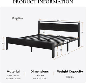 SHA CERLIN 14 Inch Queen Size Metal Platform Bed Frame with Wooden Headboard and Footboard, Mattress Foundation, No Box Spring Needed, Large Under Bed Storage, Non - Slip Without Noise, Black Oak - Wigtrends
