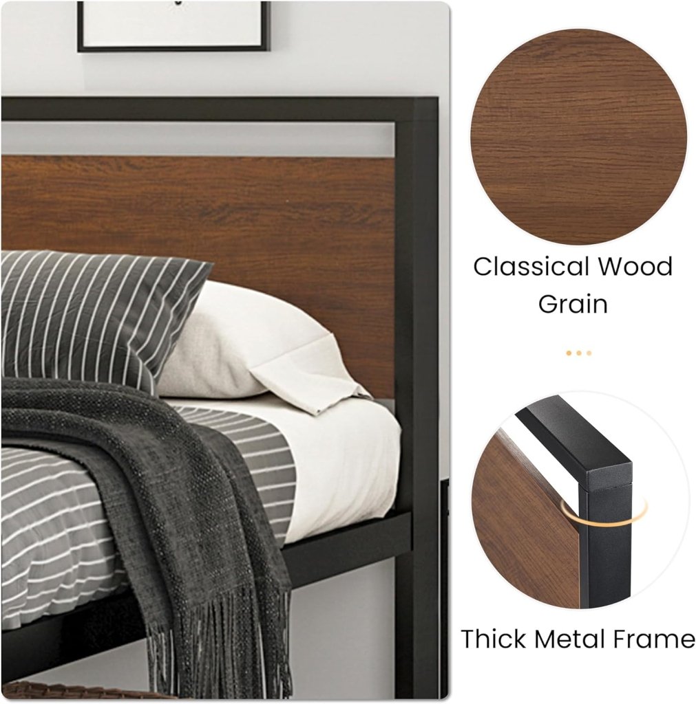 SHA CERLIN 14 Inch Queen Size Metal Platform Bed Frame with Wooden Headboard and Footboard, Mattress Foundation, No Box Spring Needed, Large Under Bed Storage, Non - Slip Without Noise, Black Oak - Wigtrends
