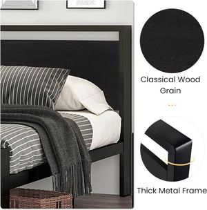SHA CERLIN 14 Inch Queen Size Metal Platform Bed Frame with Wooden Headboard and Footboard, Mattress Foundation, No Box Spring Needed, Large Under Bed Storage, Non - Slip Without Noise, Black Oak - Wigtrends