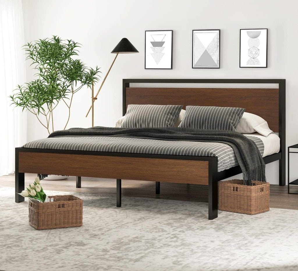 SHA CERLIN 14 Inch Queen Size Metal Platform Bed Frame with Wooden Headboard and Footboard, Mattress Foundation, No Box Spring Needed, Large Under Bed Storage, Non - Slip Without Noise, Black Oak - Wigtrends