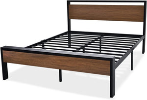 SHA CERLIN 14 Inch Queen Size Metal Platform Bed Frame with Wooden Headboard and Footboard, Mattress Foundation, No Box Spring Needed, Large Under Bed Storage, Non - Slip Without Noise, Black Oak - Wigtrends