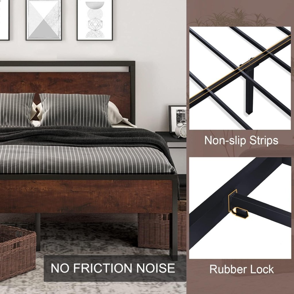 SHA CERLIN 14 Inch Queen Size Metal Platform Bed Frame with Wooden Headboard and Footboard, Mattress Foundation, No Box Spring Needed, Large Under Bed Storage, Non - Slip Without Noise, Black Oak - Wigtrends