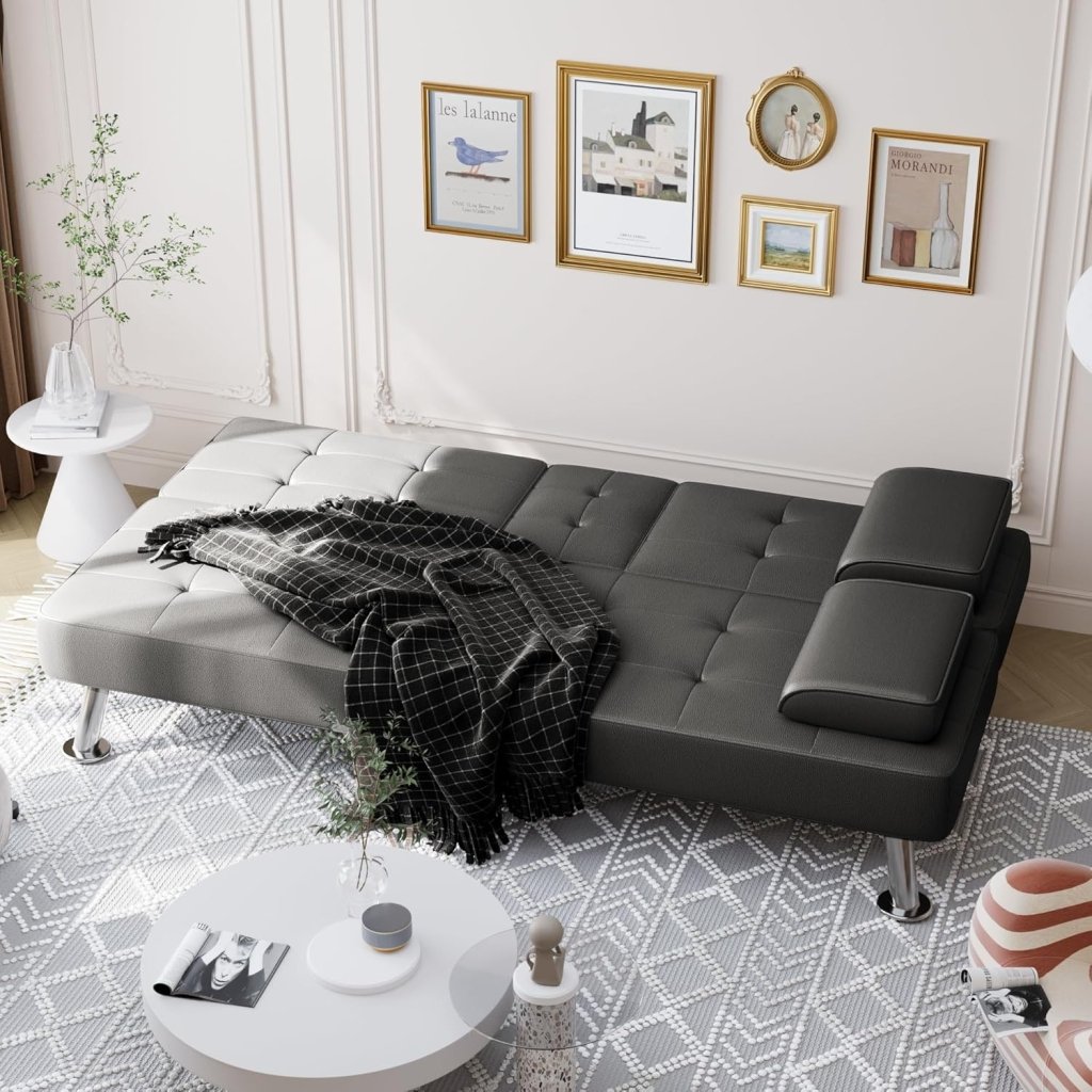 Shahoo Convertible Folding Futon Sofa Bed Sleeper Couch for Living Room Faux Leather Upholstered Loveseat w/Removable Armrests, Metal Legs, 2 Cup Holders, Black - Wigtrends
