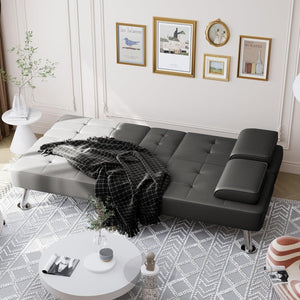 Shahoo Convertible Folding Futon Sofa Bed Sleeper Couch for Living Room Faux Leather Upholstered Loveseat w/Removable Armrests, Metal Legs, 2 Cup Holders, Black - Wigtrends