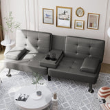 Shahoo Convertible Folding Futon Sofa Bed Sleeper Couch for Living Room Faux Leather Upholstered Loveseat w/Removable Armrests, Metal Legs, 2 Cup Holders, Black - Wigtrends