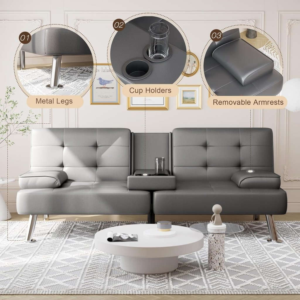 Shahoo Convertible Folding Futon Sofa Bed Sleeper Couch for Living Room Faux Leather Upholstered Loveseat w/Removable Armrests, Metal Legs, 2 Cup Holders, Black - Wigtrends