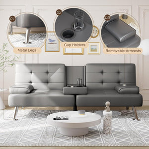 Shahoo Convertible Folding Futon Sofa Bed Sleeper Couch for Living Room Faux Leather Upholstered Loveseat w/Removable Armrests, Metal Legs, 2 Cup Holders, Black - Wigtrends