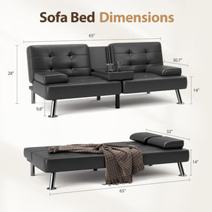 Shahoo Convertible Folding Futon Sofa Bed Sleeper Couch for Living Room Faux Leather Upholstered Loveseat w/Removable Armrests, Metal Legs, 2 Cup Holders, Black - Wigtrends
