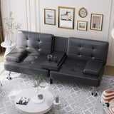 Shahoo Convertible Folding Futon Sofa Bed Sleeper Couch for Living Room Faux Leather Upholstered Loveseat w/Removable Armrests, Metal Legs, 2 Cup Holders, Black - Wigtrends