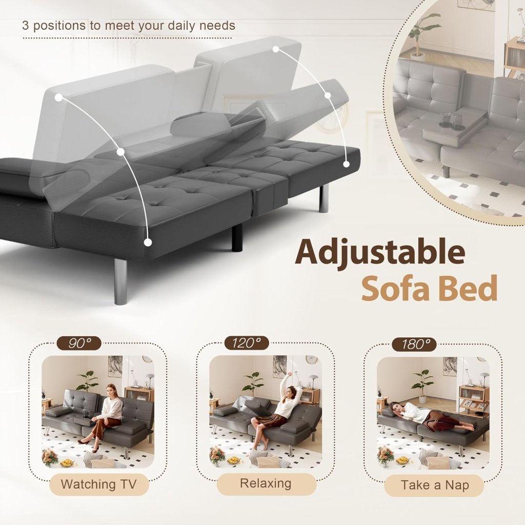 Shahoo Convertible Folding Futon Sofa Bed Sleeper Couch for Living Room Faux Leather Upholstered Loveseat w/Removable Armrests, Metal Legs, 2 Cup Holders, Black - Wigtrends