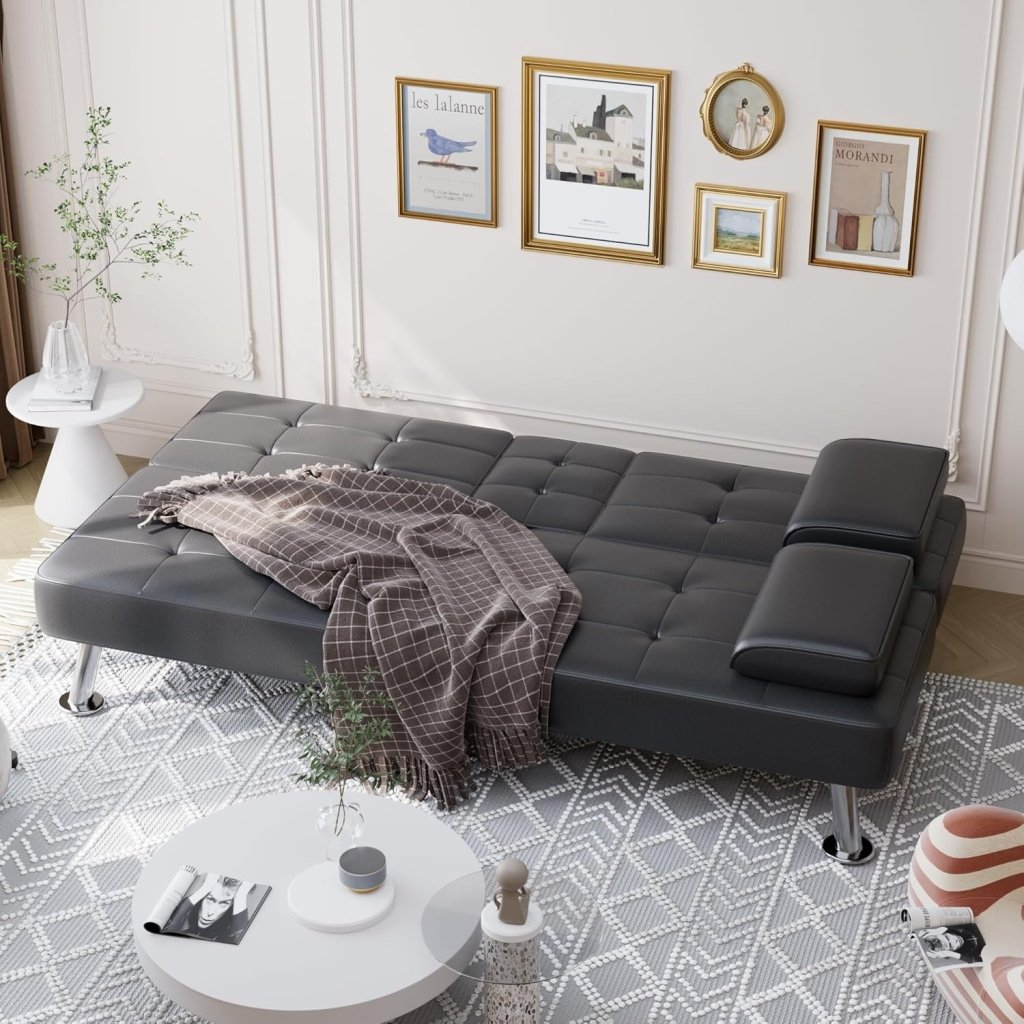 Shahoo Convertible Folding Futon Sofa Bed Sleeper Couch for Living Room Faux Leather Upholstered Loveseat w/Removable Armrests, Metal Legs, 2 Cup Holders, Black - Wigtrends
