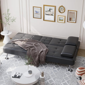 Shahoo Convertible Folding Futon Sofa Bed Sleeper Couch for Living Room Faux Leather Upholstered Loveseat w/Removable Armrests, Metal Legs, 2 Cup Holders, Black - Wigtrends