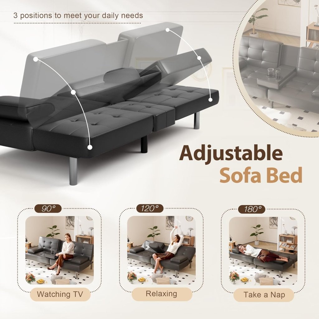 Shahoo Convertible Folding Futon Sofa Bed Sleeper Couch for Living Room Faux Leather Upholstered Loveseat w/Removable Armrests, Metal Legs, 2 Cup Holders, Black - Wigtrends