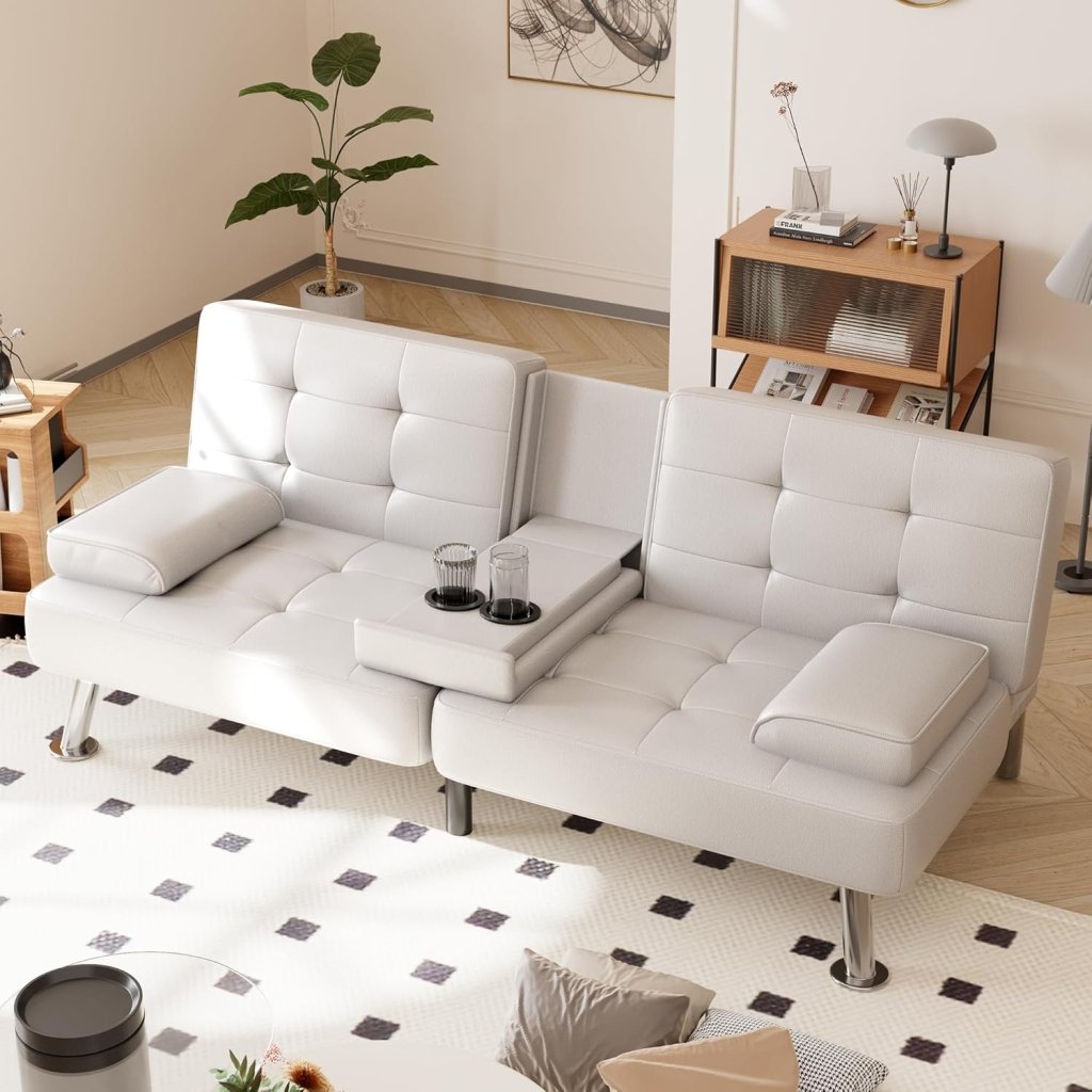 Shahoo Convertible Folding Futon Sofa Bed Sleeper Couch for Living Room Faux Leather Upholstered Loveseat w/Removable Armrests, Metal Legs, 2 Cup Holders, Black - Wigtrends
