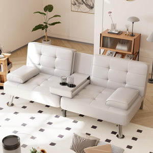 Shahoo Convertible Folding Futon Sofa Bed Sleeper Couch for Living Room Faux Leather Upholstered Loveseat w/Removable Armrests, Metal Legs, 2 Cup Holders, Black - Wigtrends
