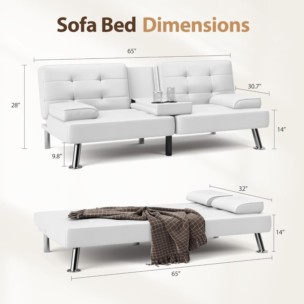 Shahoo Convertible Folding Futon Sofa Bed Sleeper Couch for Living Room Faux Leather Upholstered Loveseat w/Removable Armrests, Metal Legs, 2 Cup Holders, Black - Wigtrends