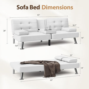 Shahoo Convertible Folding Futon Sofa Bed Sleeper Couch for Living Room Faux Leather Upholstered Loveseat w/Removable Armrests, Metal Legs, 2 Cup Holders, Black - Wigtrends