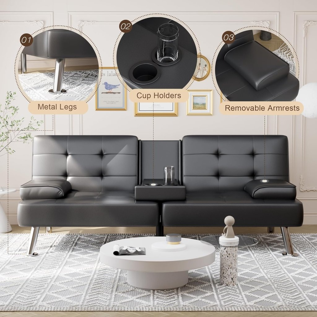 Shahoo Convertible Folding Futon Sofa Bed Sleeper Couch for Living Room Faux Leather Upholstered Loveseat w/Removable Armrests, Metal Legs, 2 Cup Holders, Black - Wigtrends