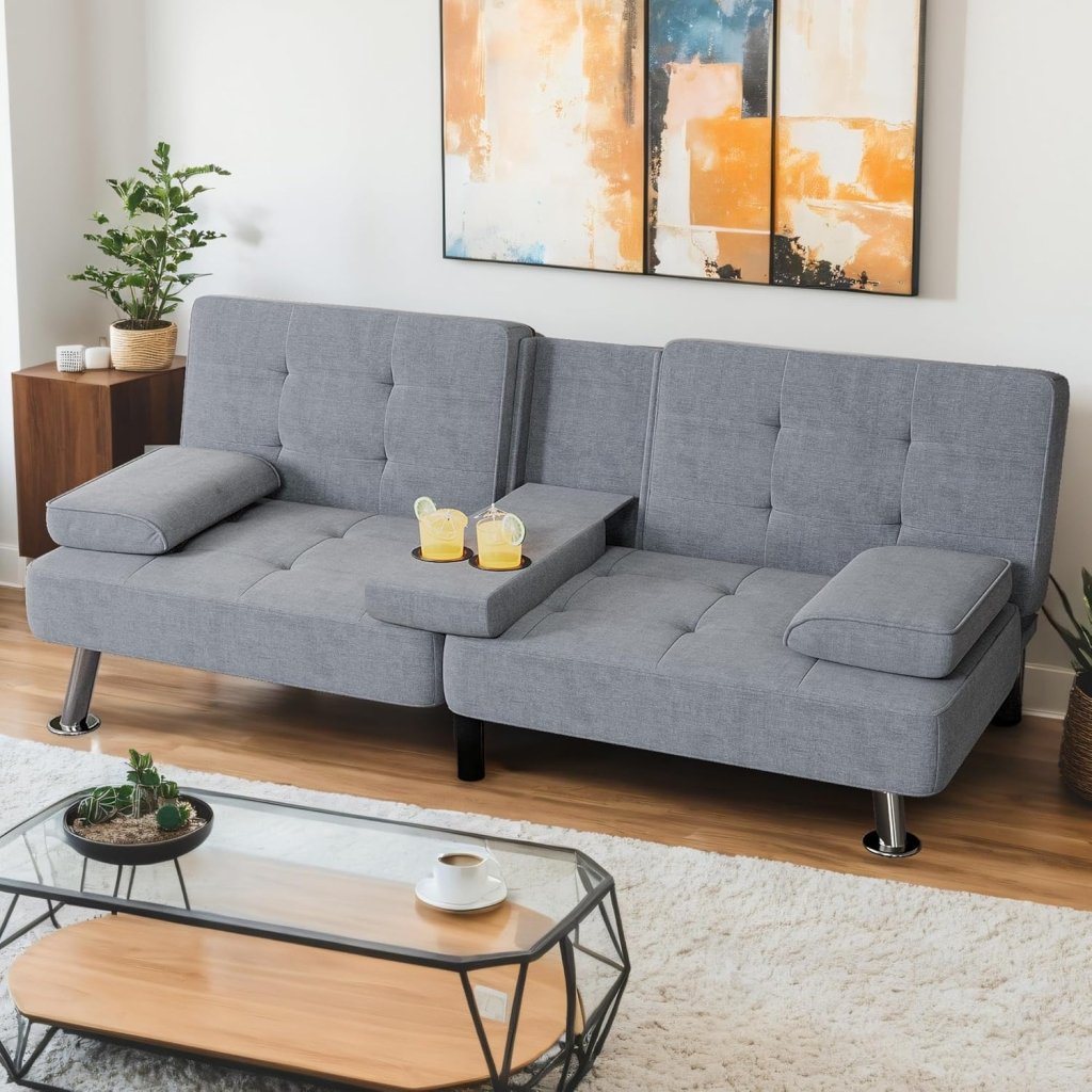 Shahoo Modern Linen Upholstered Convertible Folding Futon Sofa Bed with Removable Armrests, Metal Legs, 2 Cup Holders for Living Room - Wigtrends