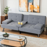 Shahoo Modern Linen Upholstered Convertible Folding Futon Sofa Bed with Removable Armrests, Metal Legs, 2 Cup Holders for Living Room - Wigtrends