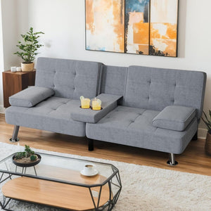 Shahoo Modern Linen Upholstered Convertible Folding Futon Sofa Bed with Removable Armrests, Metal Legs, 2 Cup Holders for Living Room - Wigtrends