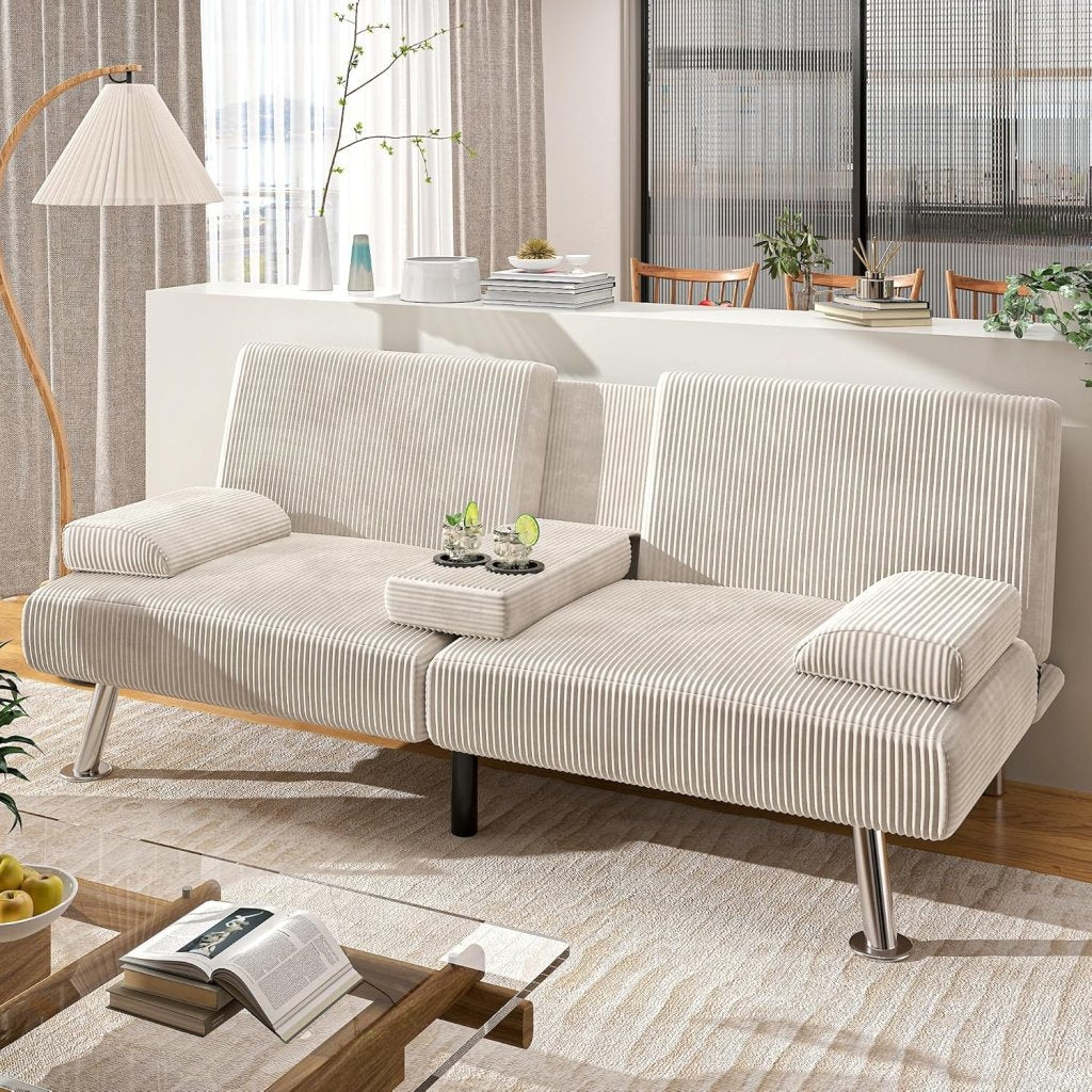 Shahoo Modern Linen Upholstered Convertible Folding Futon Sofa Bed with Removable Armrests, Metal Legs, 2 Cup Holders for Living Room - Wigtrends