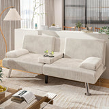 Shahoo Modern Linen Upholstered Convertible Folding Futon Sofa Bed with Removable Armrests, Metal Legs, 2 Cup Holders for Living Room - Wigtrends