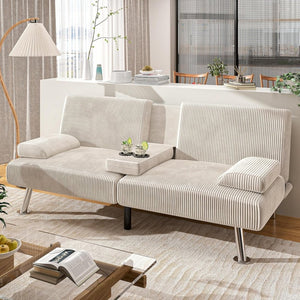 Shahoo Modern Linen Upholstered Convertible Folding Futon Sofa Bed with Removable Armrests, Metal Legs, 2 Cup Holders for Living Room - Wigtrends