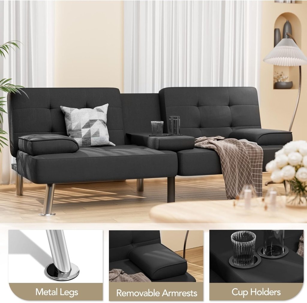 Shahoo Modern Linen Upholstered Convertible Folding Futon Sofa Bed with Removable Armrests, Metal Legs, 2 Cup Holders for Living Room - Wigtrends