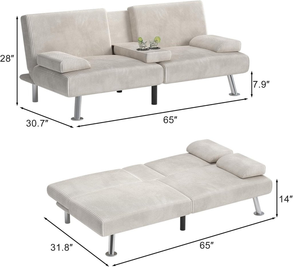 Shahoo Modern Linen Upholstered Convertible Folding Futon Sofa Bed with Removable Armrests, Metal Legs, 2 Cup Holders for Living Room - Wigtrends