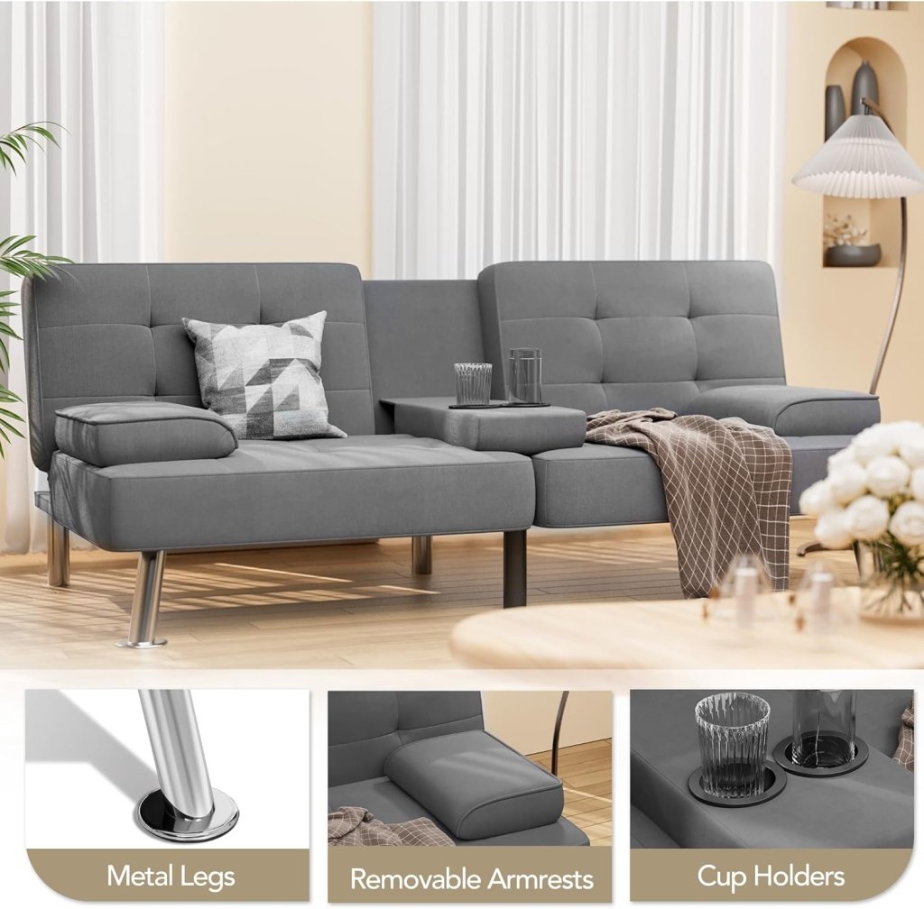 Shahoo Modern Linen Upholstered Convertible Folding Futon Sofa Bed with Removable Armrests, Metal Legs, 2 Cup Holders for Living Room - Wigtrends