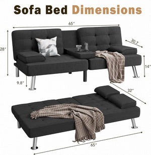 Shahoo Modern Linen Upholstered Convertible Folding Futon Sofa Bed with Removable Armrests, Metal Legs, 2 Cup Holders for Living Room - Wigtrends