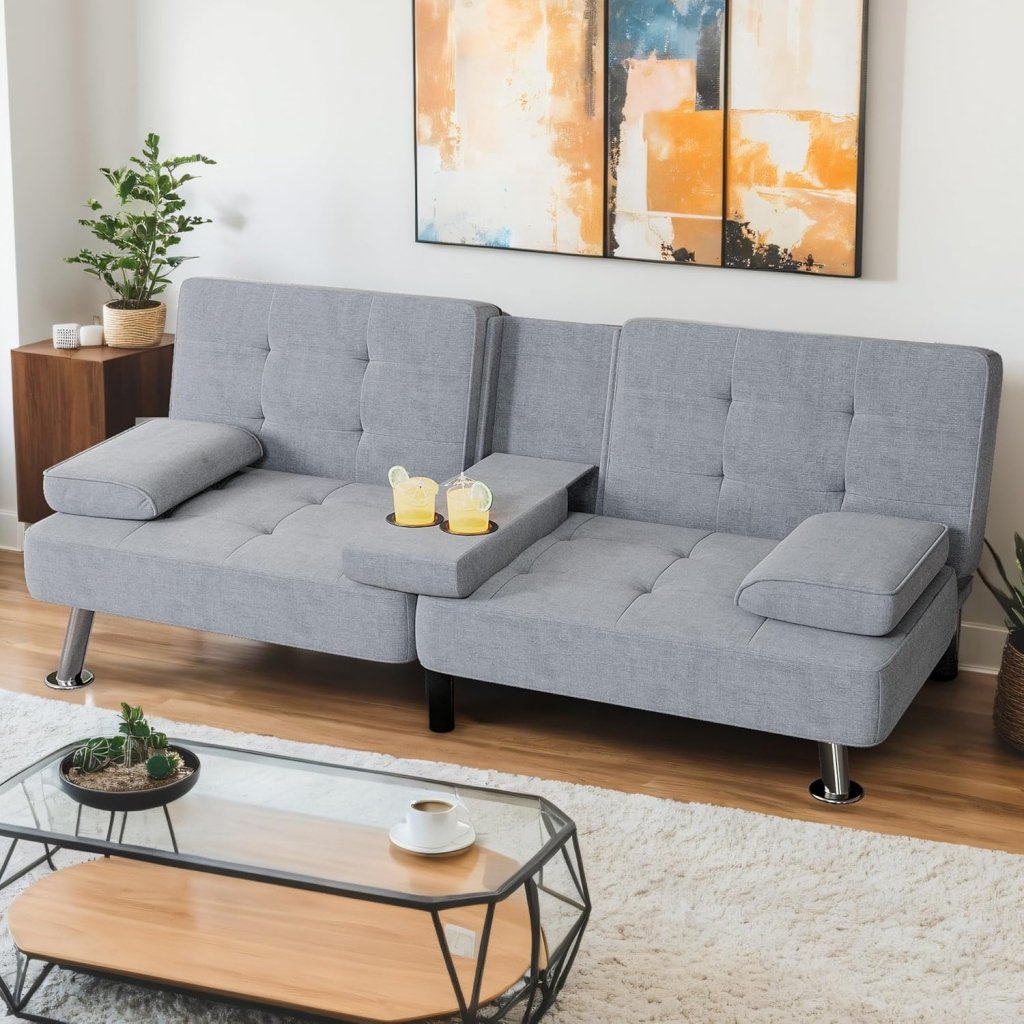 Shahoo Modern Linen Upholstered Convertible Folding Futon Sofa Bed with Removable Armrests, Metal Legs, 2 Cup Holders for Living Room - Wigtrends