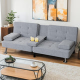 Shahoo Modern Linen Upholstered Convertible Folding Futon Sofa Bed with Removable Armrests, Metal Legs, 2 Cup Holders for Living Room - Wigtrends